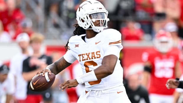 Oct 21, 2023; Houston, Texas, USA; Texas Longhorns quarterback Maalik Murphy (6) looks to pass the ball during the fourth quarter against the Houston Cougars at TDECU Stadium. Mandatory Credit: Maria Lysaker-USA TODAY Sports  